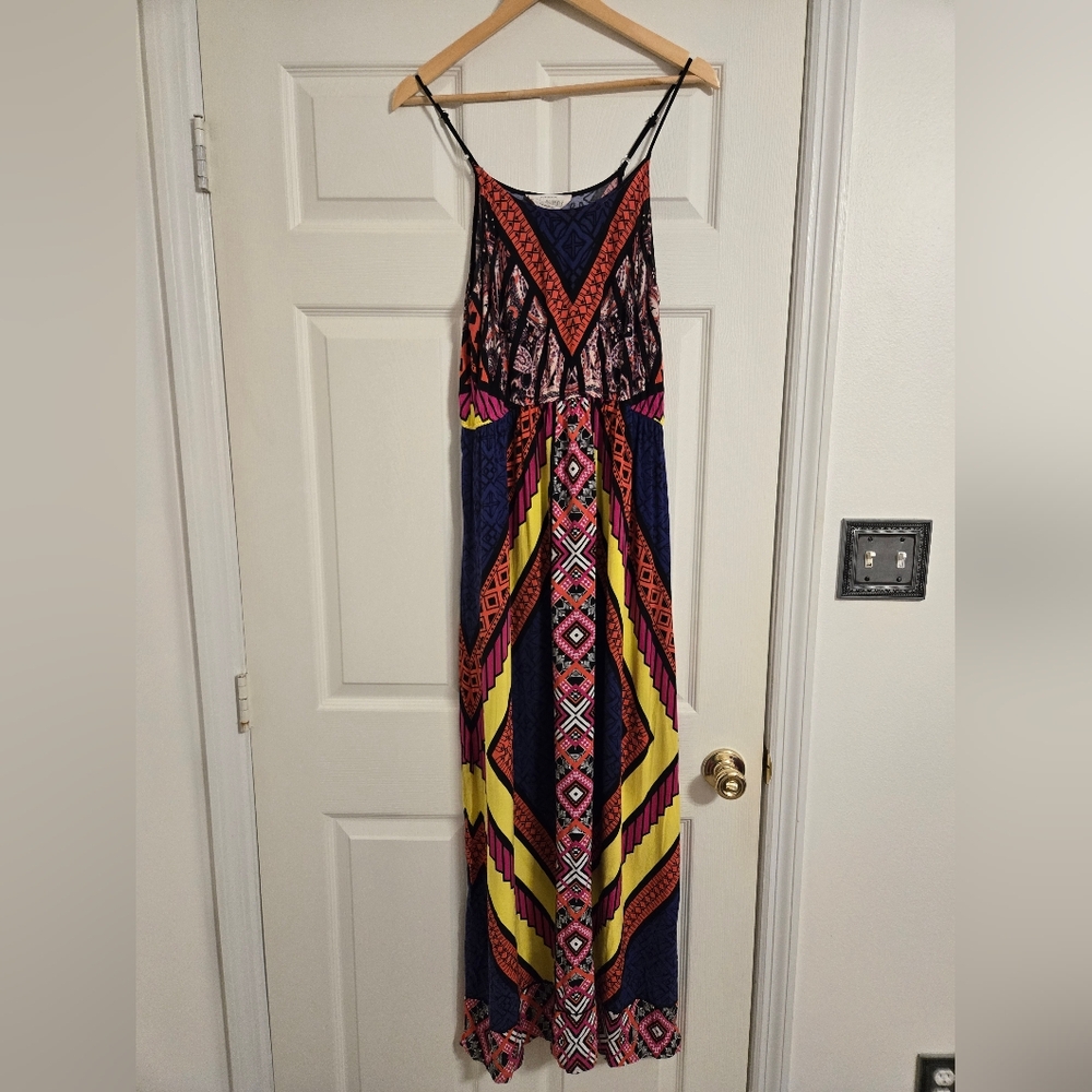 Sweet Wanderer Blue Multicolor Geometric Maxi Dress Size Large